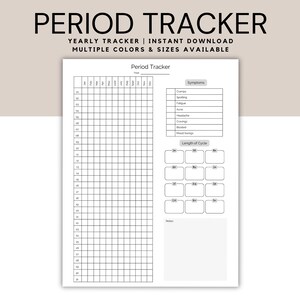 Könnte beinhalten: Ein druckbarer Perioden-Tracker mit einem Kalenderraster zum Verfolgen Ihres Zyklus, einem Abschnitt zum Aufzeichnen von Symptomen und einem Abschnitt zum Verfolgen der Länge Ihres Zyklus.