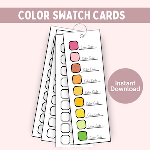 May include: A collection of colour swatch cards held together by a metal ring. Each card features a different colour sample with the text "Color Code". The cards display shades of pink, orange, yellow, and green. The words "Color Swatch Cards" and "Instant Download" are also visible.