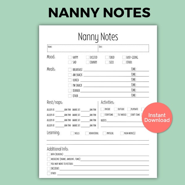 Nanny Notes, Nanny Log, Nanny Binder, Nanny Checklist, Baby Daily Log, Caregiver Daily Log, Daycare Report, Kids Daily Schedule, Toddler
