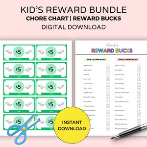 Kids Reward Bucks, Editable Kids Chore Chart Canva, Printable Mom, Dad, Behavior Bucks, Allowance Play Money, Reward System, Reward Chart