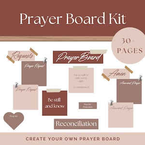 Può includere: Un kit di bacheca per la preghiera stampabile con oltre 30 pagine. Il kit include una varietà di schede di richiesta di preghiera, schede di scrittura e schede amen. Le schede sono in uno schema di colori rosa chiaro e marrone. Il testo sulle schede include frasi come "Richiesta di preghiera", "State fermi e sappiate", "Pregate per la protezione" e "Preghiera esaudita".