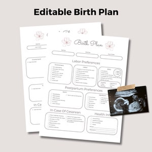 Bewerkbare geboorteplansjabloon, visuele checklist voor het geboorteplan, zwangerschapsplanner, voorkeuren voor arbeid en bevalling, doula, verloskundige, eerste moeder