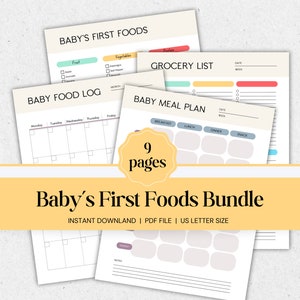 Trackerbundel voor babyvoeding, checklist voor baby's eerste voeding, door baby geleid spenen, logboek voor babyvoeding, dagboek voor babyvoeding, afslankgrafiek, tracker voor vaste stoffen