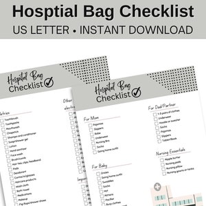 Hospital Bag Checklist, Hospital Bag Essentials Pregnancy Maternity, Labor and Delivery Check List, Mom Baby Birth Bag Packing List