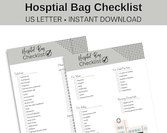 Hospital Bag Checklist, Hospital Bag Essentials Pregnancy Maternity, Labor and Delivery Check List, Mom Baby Birth Bag Packing List