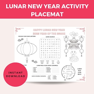 2025 Lunar New Year Activity Placemat, Year of the Snake, Chinese New Year Party, Kids Coloring Placemat for Kids, Kids Coloring Page