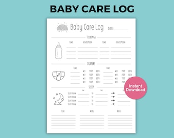 May include: Printable black and white baby care log with sections for feedings, diapers, sleep, meds, and notes. The log includes icons of a baby bottle, diaper, and a crescent moon.