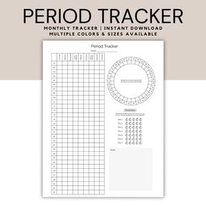 Puede incluir: Seguimiento del período imprimible con una cuadrícula de calendario, un círculo para rastrear los días del ciclo y una sección para registrar el flujo. El texto "Period Tracker" está en la parte superior de la página.
