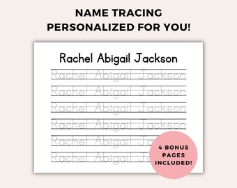 May include: Printable name tracing worksheet featuring the name "Rachel Abigail Jackson" written six times with dotted lines for tracing. The worksheet includes a pink circle with the text "4 BONUS PAGES INCLUDED!"