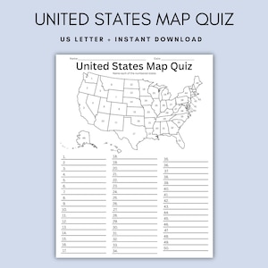 May include: A black and white United States Map Quiz worksheet on a white background. The document features a map of the USA with numbered states, blank lines for fifty answers, and the text United States Map Quiz at the top of the page.