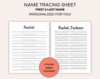 May include: Printable name tracing worksheet for kids featuring the name "Rachel" and "Rachel Jackson" with 8 lines for each name to practice writing. The worksheet includes a note that there are 4 bonus pages included.