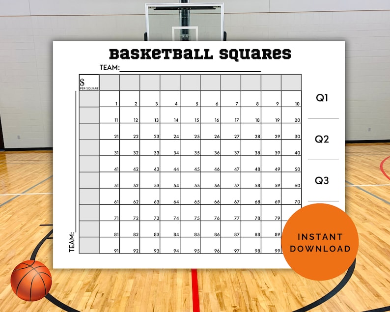 Basketball Squares Printable Game, 100 Square Basketball Board ...