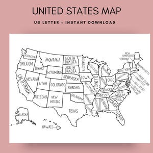 Op de afbeelding: Een zwart-witte lijntekening van een kaart van de Verenigde Staten met duidelijk gelabelde staten. De tekst bovenaan luidt UNITED STATES MAP en US LETTER + INSTANT DOWNLOAD. De kaart bevat Alaska en Hawaï als afzonderlijke geografische inzetstukken.