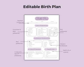 May include: A printable birth plan checklist with sections for important contact information, labor preferences, postpartum preferences, in case of cesarean, and health information. The checklist is designed to help parents plan for their baby's arrival.