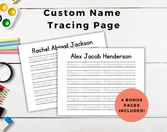 May include: Printable tracing pages for kids to practice writing their names. The pages feature the names "Rachel Abigail Jackson" and "Alex Jacob Henderson". There is a note that says "4 Bonus Pages Included!"