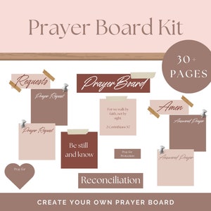 May include: A printable prayer board kit with 30+ pages. The kit includes a variety of prayer request cards, answered prayer cards, and scripture cards. The kit is designed to help you create your own prayer board.