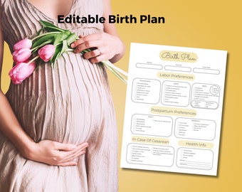 Editable Birth Plan Template, Pregnancy Planner, Labor and Delivery, Natural Birth Plan, Doula, Pregnancy Journal, Visual Birth Plan
