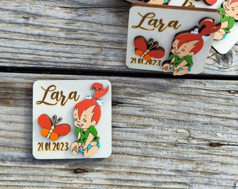 Recuerdos para baby shower, imán con temática de Los Picapiedra para fiesta de cumpleaños de niña, regalo de madera personalizado hecho a mano para la primera fiesta de cumpleaños de un invitado.