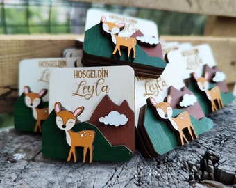 Woodland Theme Party,Baby Shower Favors,Happy Birthday,Gifts for Birthday Party,Custom Magnet,Wooden Magnet, 1st Birthday Party,Magnet Deer