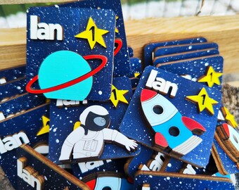 Recuerdos para fiesta de baby shower, regalo de cumpleaños con temática espacial para bebé niño, imán personalizado hecho a mano