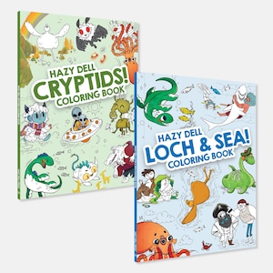 May include: Two coloring books titled "Hazy Dell Cryptids! Coloring Book" and "Hazy Dell Loch & Sea! Coloring Book." The covers feature colorful illustrations of various cryptids and sea creatures. The books are designed for coloring and creative expression.