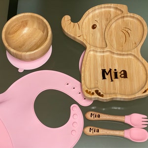 PERSONALISED Bamboo Elephant shaped suction plate set for baby weaning
