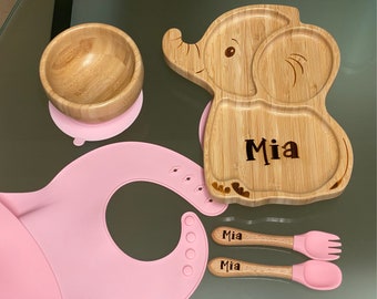 PERSONALISED Bamboo Elephant shaped suction plate set for baby weaning