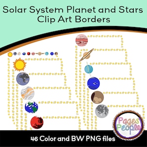 May include: A set of 46 printable clip art borders featuring the planets of the solar system, a sun, and stars. The borders are made of yellow stars and are arranged in a vertical line. The planets are in order from the sun, with the sun at the top of the image. The planets are all in color and are drawn in a cartoon style. The text "Pages People" is in a circle at the bottom right of the image. The text "46 Color and BW PNG files" is at the bottom of the image.