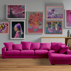 Pink Themed Gallery Wall Set of 7 Famous Paintings Digital Download, van gogh, klimt, vibrant artsy eclectic wall art