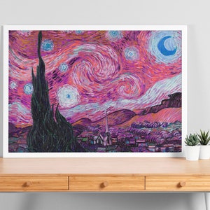 Pink Starry Night Van Gogh Print, wall art, van gogh, pink aesthetic