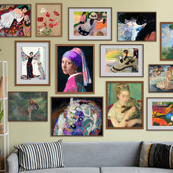 Famous Paintings of Women Gallery Wall Set of 13 Digital Download, sapphic themed, feminist, monet, klimt, vibrant artsy eclectic wall art