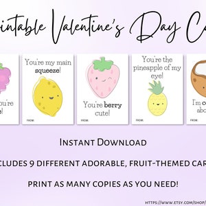 Imprimible Adorable Fruit temática de tarjetas de San Valentín para niños / Descarga instantánea / lindo, fruta, aula, fiesta escolar