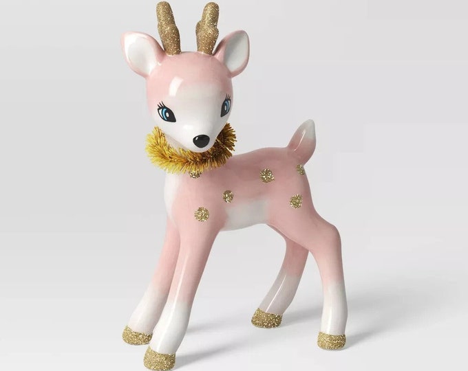 Nostalgic Ceramic Pink Reindeer Christmas Figurine, Vintage Pink Deer