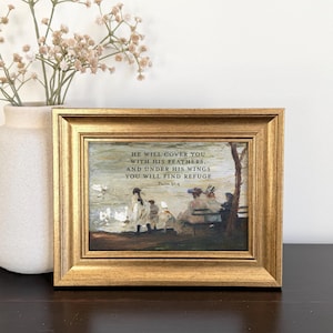 Vintage Scripture Decor Christian Gift Wall Art Framed Scripture Framed Bible Verse Print Psalm 91:4 He Will Cover You With His Feathers