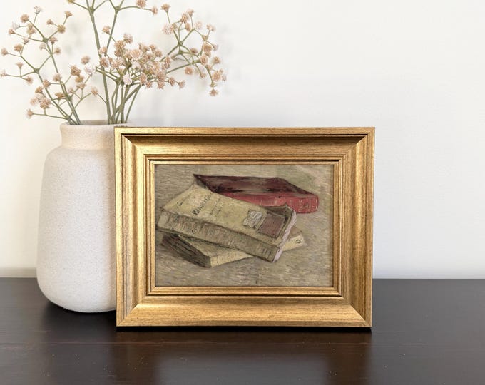 Small Framed Vintage Books Painting, Gold Framed Print, Moody Wall Art