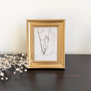 Vintage Girl Standing in a Swing Sketch, Small Gold Frame, 5x7 Print, Girl Wall Art, Girls Room Decor