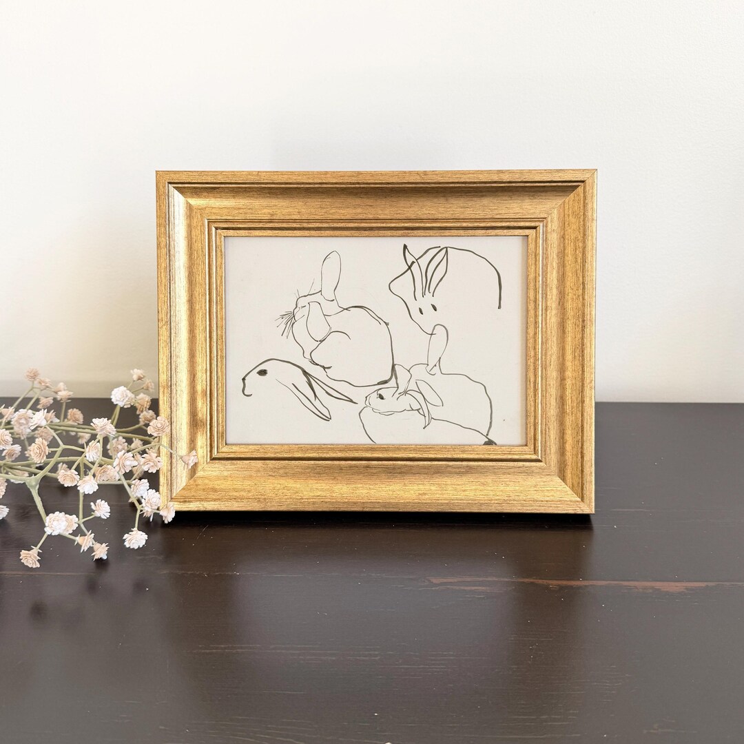Framed Vintage Study of Rabbits Sketch, Small Gold Frame 5x7, Gallery ...