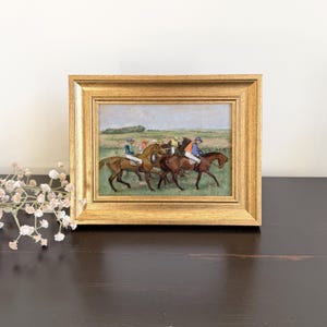 小さな額入りヴィンテージ騎手と馬の絵画、5x7インチのゴールドフレームプリント、雰囲気のあるウォールアート
