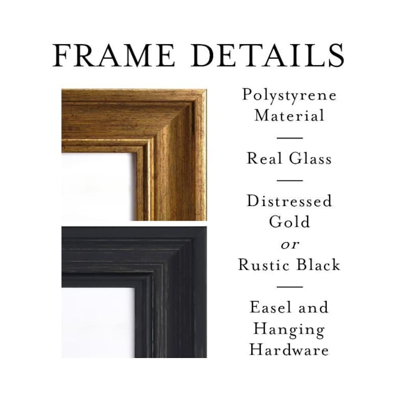 two different types of frames, one with a polystyrene material and the other with a real glass material. The frames are described as having a distressed gold or rustic black finish, and they are labeled as being either an easel and hanging hardware or a black and gold frame.