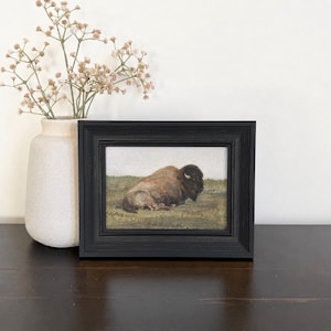 Small Framed Vintage Bison Painting, Earth Tone Buffalo Print, Western Wall Art for Boys Room