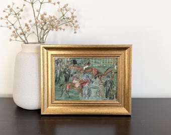 Small Framed Vintage Horse Races Painting, Gold Framed Print, Moody Wall Art