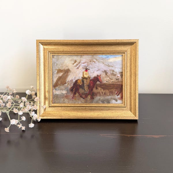Small Framed Cowboy on Horse Painting, Vintage Style Gold 5x7 Frame, Western Wall Art