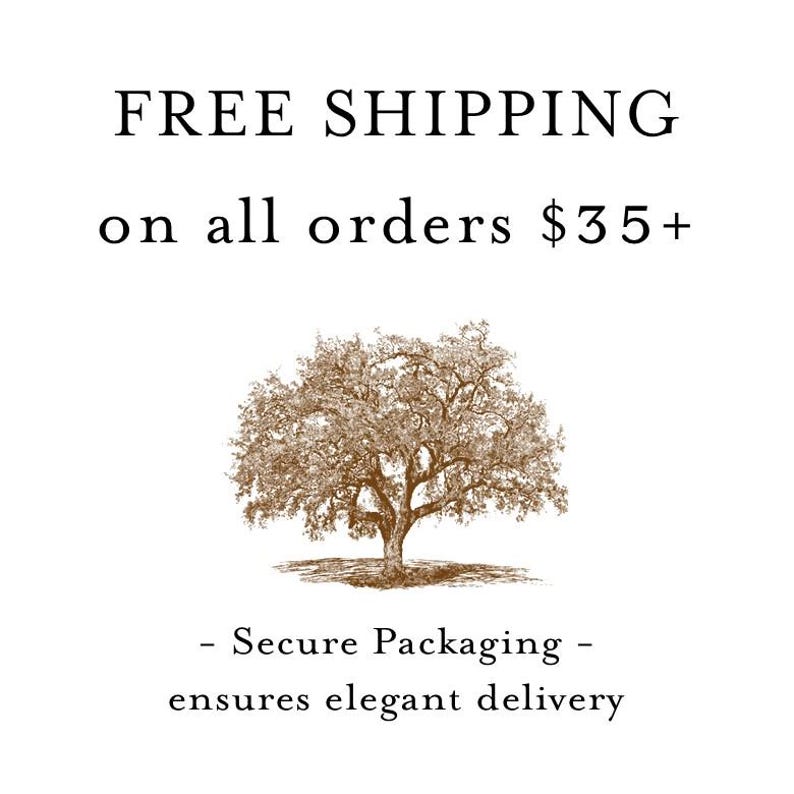 a tree with a large trunk and branches, accompanied by text that reads "FREE SHIPPING on all orders $35+" and "Secure Packaging ensures elegant delivery".