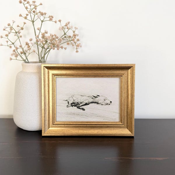 Framed Vintage Dog with Zoomies Sketch, Small Gold Frame, Gallery Wall Artwork, Minimalist Art