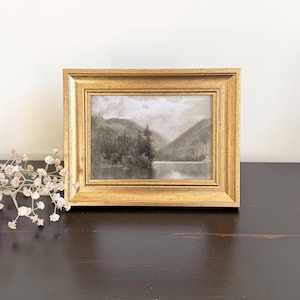 Framed Vintage Mountain Lake Sketch, Small Gold Frame 5x7, Gallery Wall Artwork, Neutral Landscape Wall Art