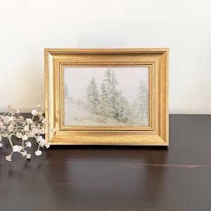 Quadro vintage com desenho de floresta, moldura pequena dourada, tamanho 5x7, arte para parede de galeria, decoração de parede com árvores.