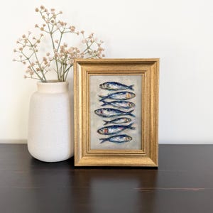 Small Framed Abstract Sardine Art, Colorful Fish Painting, Vintage Sardines Wall Art Print, Blue Wimsy Kitchen Artwork