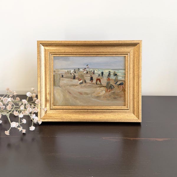 Small Framed People on the Beach Painting, Vintage Seascape Print, Moody Navy and Tan Ocean Art