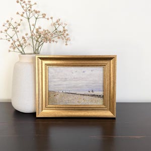 Small Framed Shells on the Beach Painting, Vintage Seascape Print, Blue and Tan Ocean Wall Art, Nautical Bedroom Artwork, Seashore Decor
