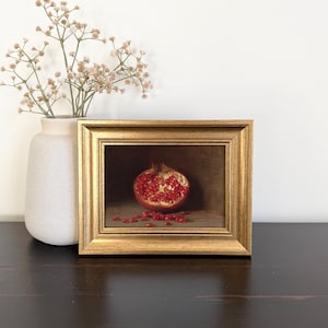 Small Framed Vintage Pomegranate Painting, Moody Kitchen Print, Dark Red Fruit Wall Art, Dining Room Artwork